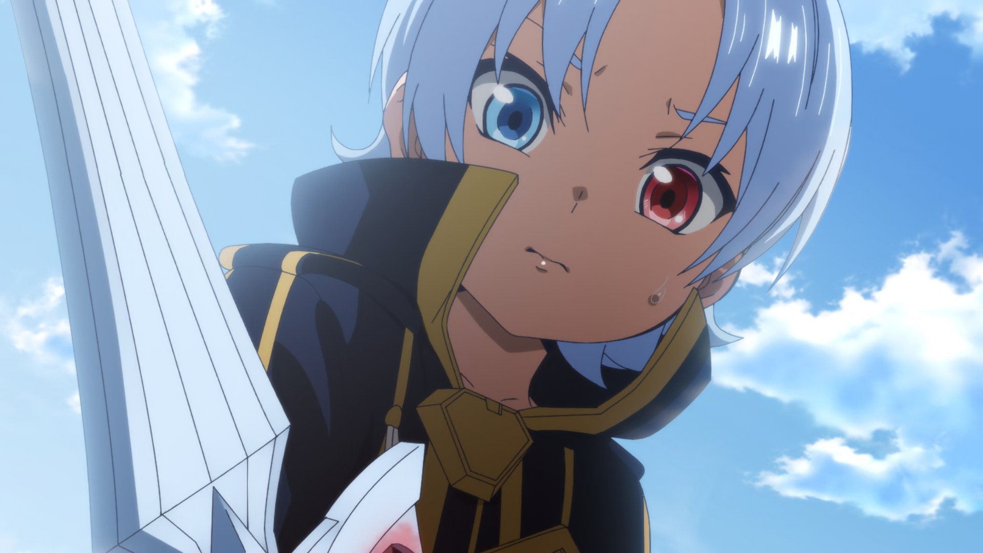 A close-up of our grey-blue haired, heterochromia eyed, round-faced protagonist